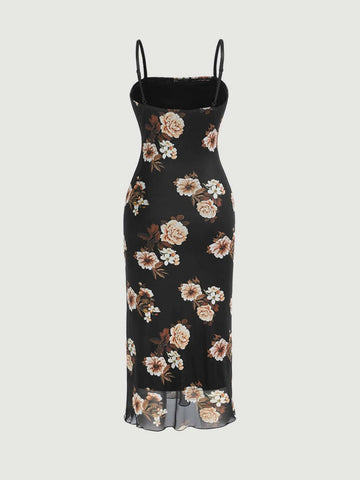 Floral Print Lettuce Trim Cami Dress