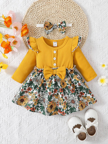 Baby Floral Print Ruffle Trim Bow Front Dress With Headband