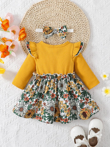Baby Floral Print Ruffle Trim Bow Front Dress With Headband