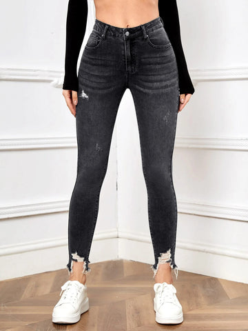 Ripped Raw Hem Skinny Jeans