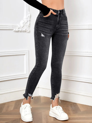 Ripped Raw Hem Skinny Jeans