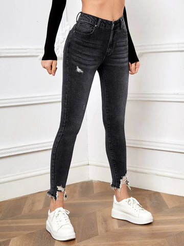 Ripped Raw Hem Skinny Jeans