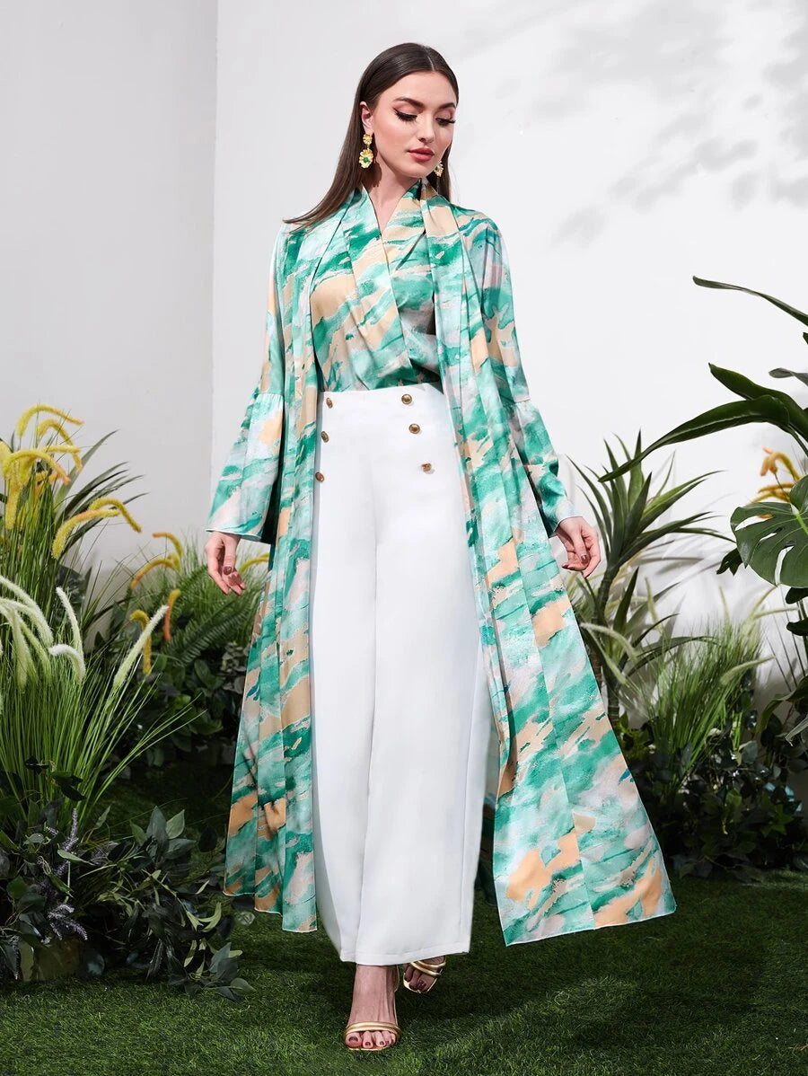 Brush Print Open Front Coat & Top