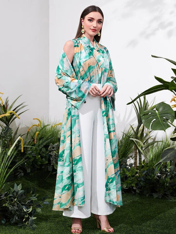 Brush Print Open Front Coat & Top