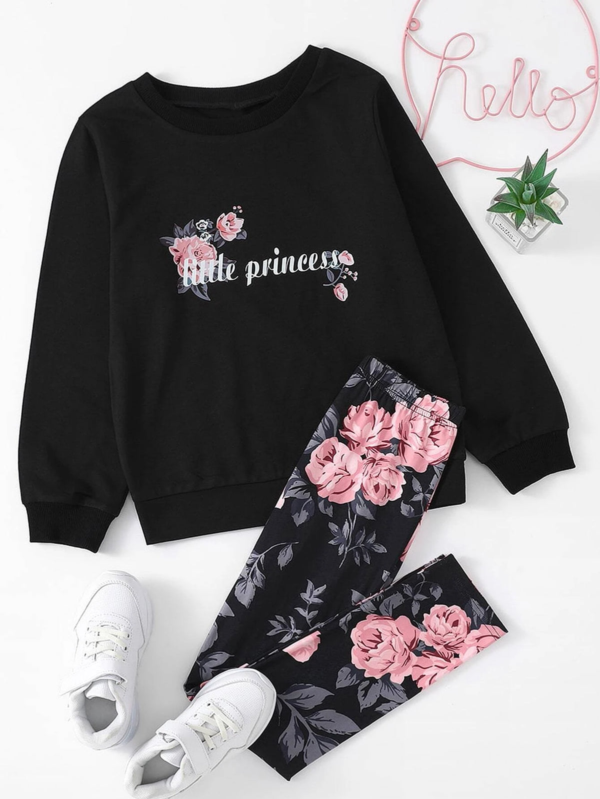 Girls Letter And Floral Print Pullover & Leggings