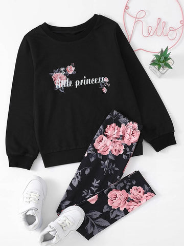 Girls Letter And Floral Print Pullover & Leggings