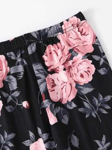 Girls Letter And Floral Print Pullover & Leggings