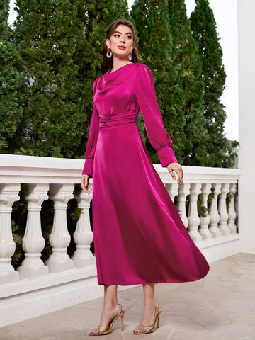 Draped Collar Ruched Waist A-line Dress