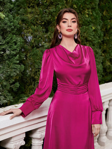 Draped Collar Ruched Waist A-line Dress