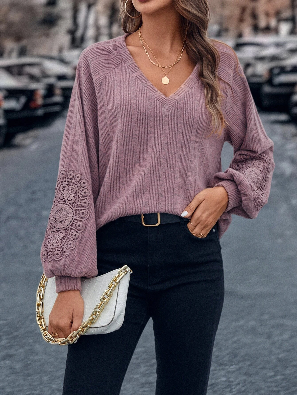 Contrast Guipure Lace Raglan Sleeve Tee