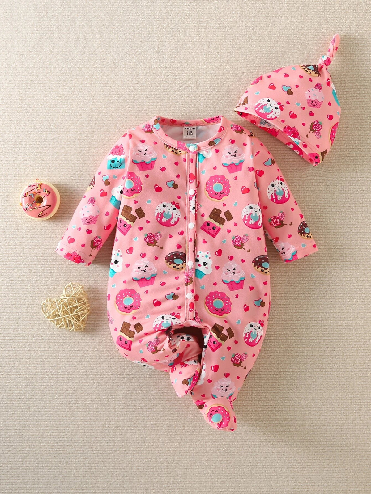 Baby Cartoon Graphic Footed Sleep Jumpsuit & Hat