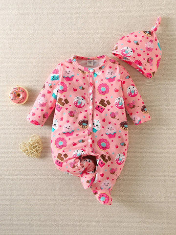 Baby Cartoon Graphic Footed Sleep Jumpsuit & Hat