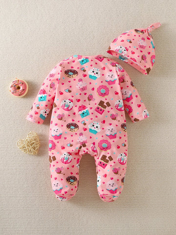 Baby Cartoon Graphic Footed Sleep Jumpsuit & Hat