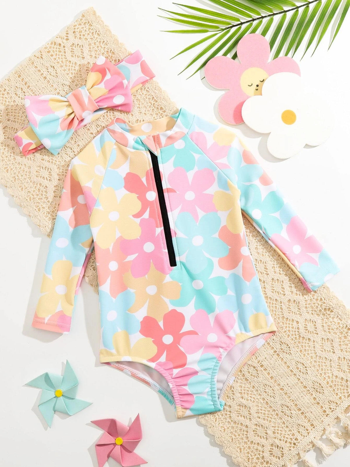 Baby Allover Floral Print Raglan Sleeve One Piece Swimsuit & Headband