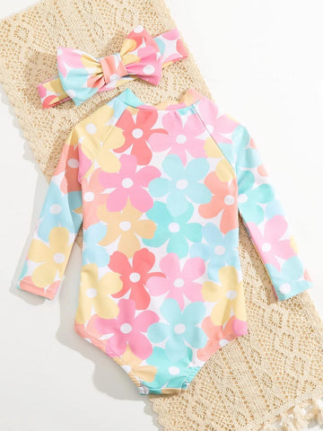 Baby Allover Floral Print Raglan Sleeve One Piece Swimsuit & Headband