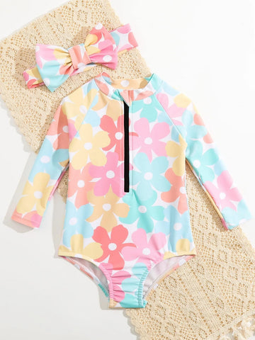 Baby Allover Floral Print Raglan Sleeve One Piece Swimsuit & Headband
