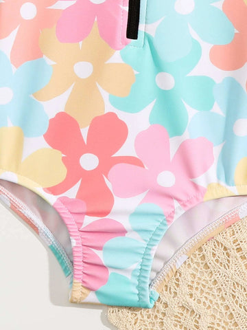 Baby Allover Floral Print Raglan Sleeve One Piece Swimsuit & Headband