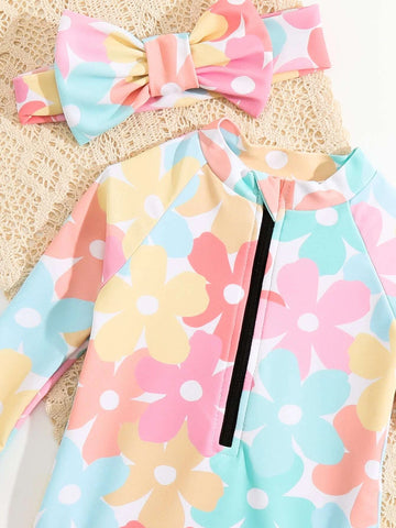 Baby Allover Floral Print Raglan Sleeve One Piece Swimsuit & Headband