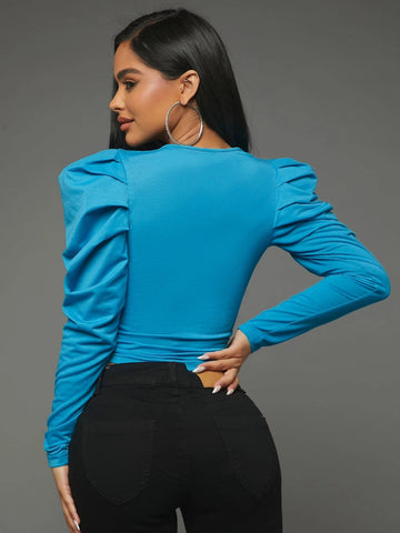 SXY Gigot Sleeve Ruched Front Crop Tee