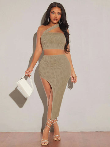 One Shoulder Crop Top & Split Thigh Skirt
