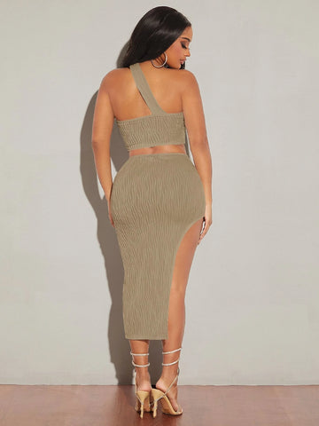 One Shoulder Crop Top & Split Thigh Skirt