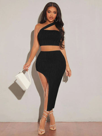 One Shoulder Crop Top & Split Thigh Skirt