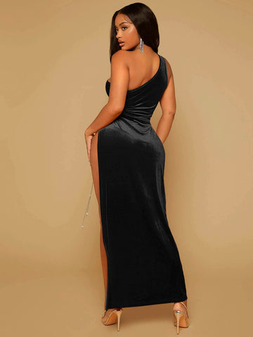 SXY One Shoulder Cut Out Drawstring Split Thigh Velvet Dress