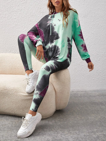 Unity Tie Dye Drop Shoulder Drawstring Hoodie & Leggings