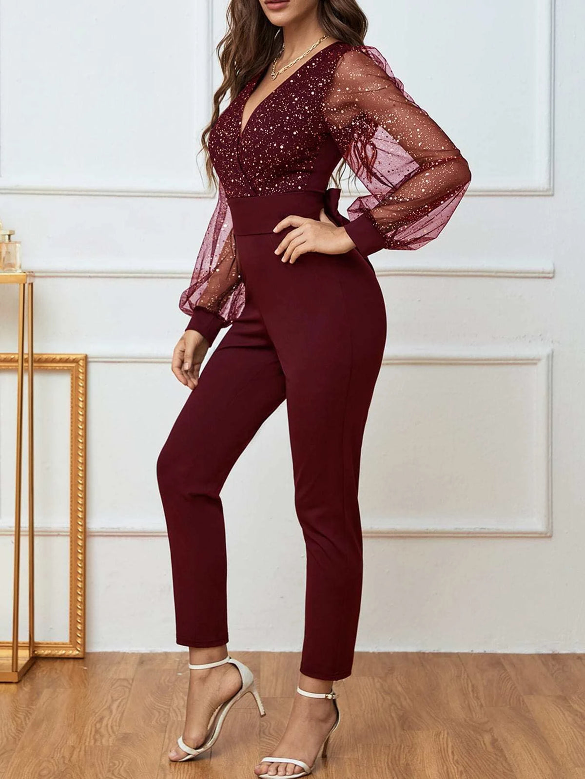 Mesh Insert Lantern Sleeve Tie Back Jumpsuit