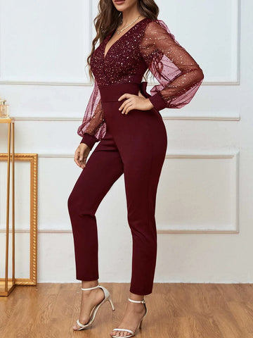 Mesh Insert Lantern Sleeve Tie Back Jumpsuit