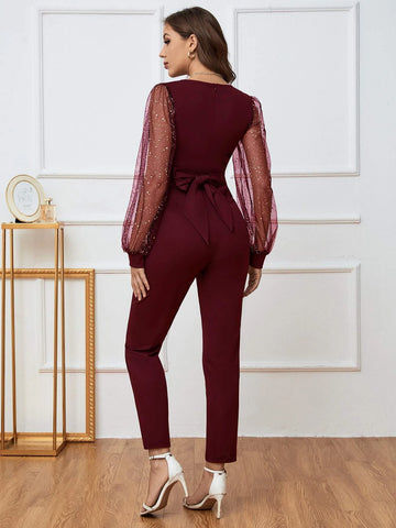 Mesh Insert Lantern Sleeve Tie Back Jumpsuit