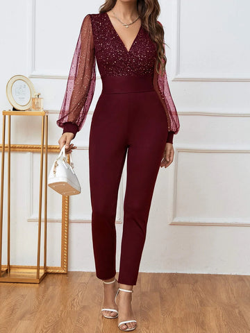 Mesh Insert Lantern Sleeve Tie Back Jumpsuit