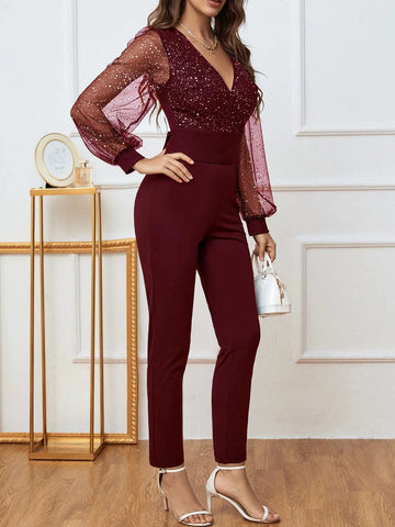 Mesh Insert Lantern Sleeve Tie Back Jumpsuit