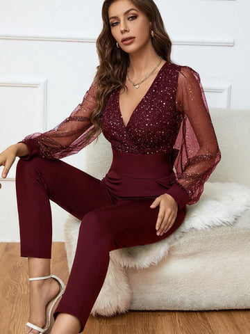 Mesh Insert Lantern Sleeve Tie Back Jumpsuit