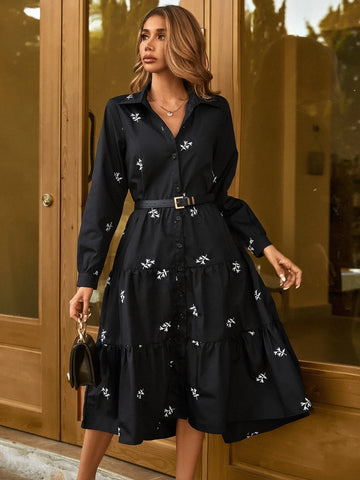 Plants Print Layered Hem Dress Without Belt