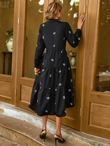Plants Print Layered Hem Dress Without Belt