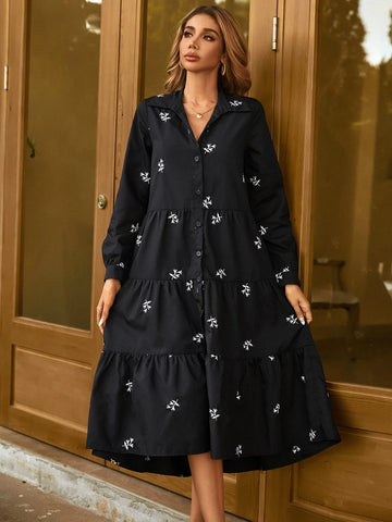 Plants Print Layered Hem Dress Without Belt