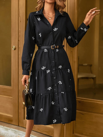 Plants Print Layered Hem Dress Without Belt