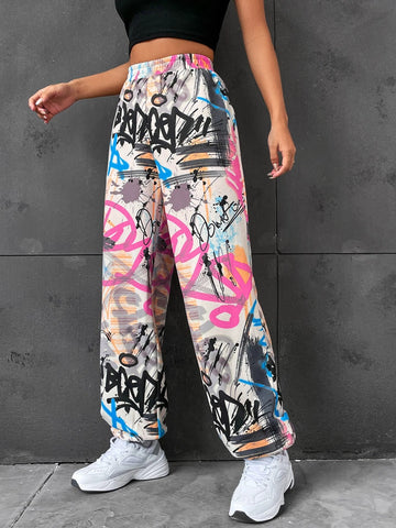 Graffiti Print Elastic Waist Sweatpants