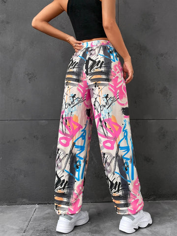 Graffiti Print Elastic Waist Sweatpants