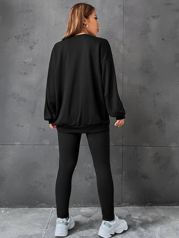 Letter Patched Drop Shoulder Sweatshirt & Leggings