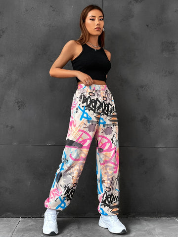 Graffiti Print Elastic Waist Sweatpants