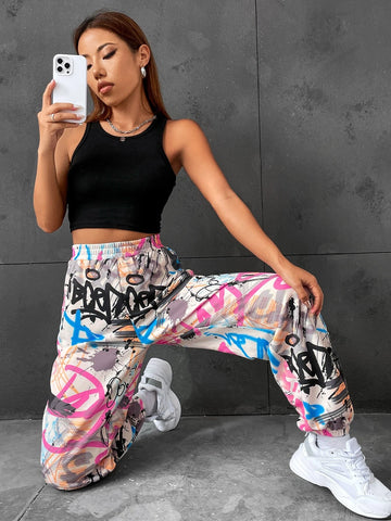 Graffiti Print Elastic Waist Sweatpants