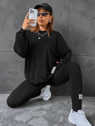 Letter Patched Drop Shoulder Sweatshirt & Leggings