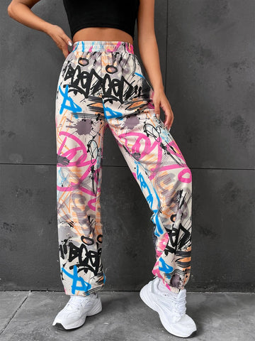 Graffiti Print Elastic Waist Sweatpants