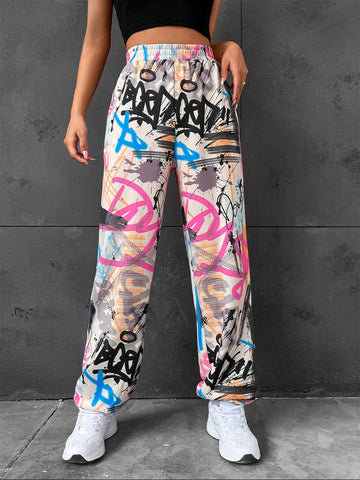 Graffiti Print Elastic Waist Sweatpants