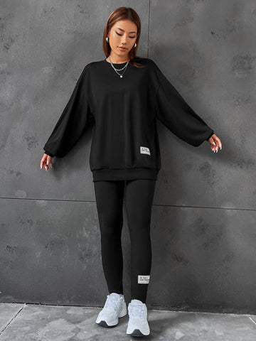 Letter Patched Drop Shoulder Sweatshirt & Leggings