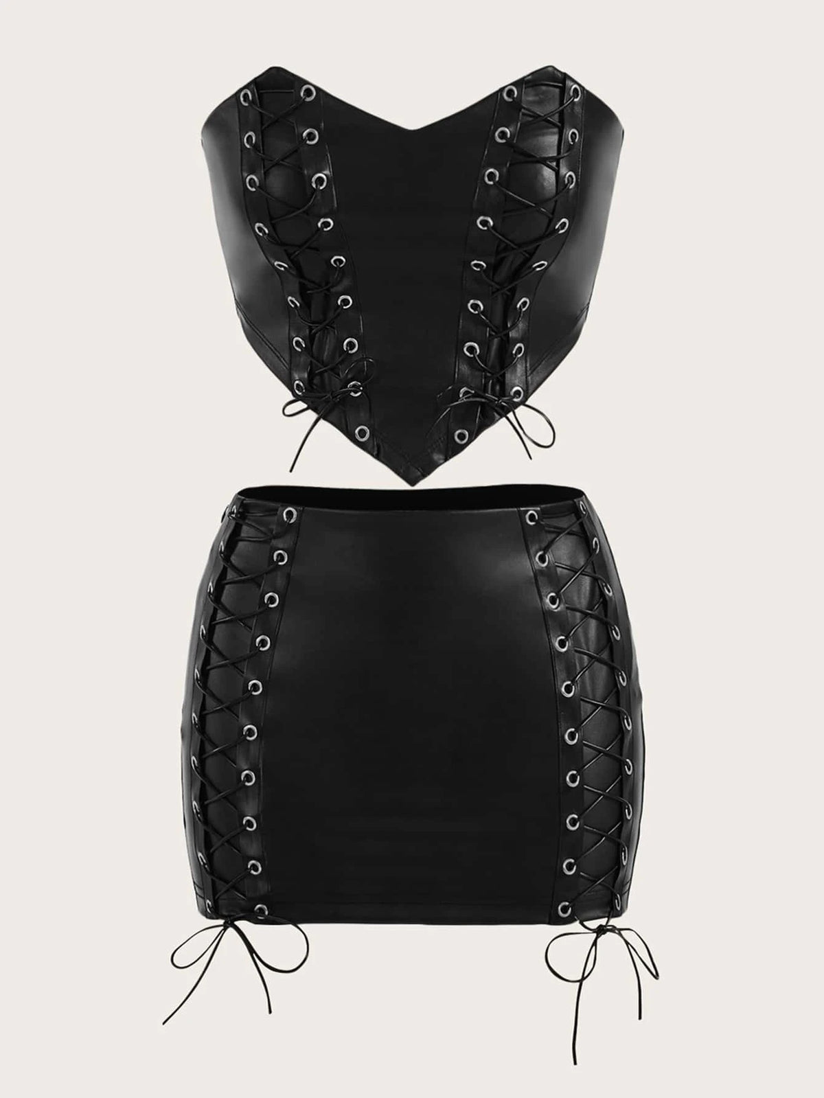 ICON Lace Up PU Leather Tube Top & Bodycon Skirt