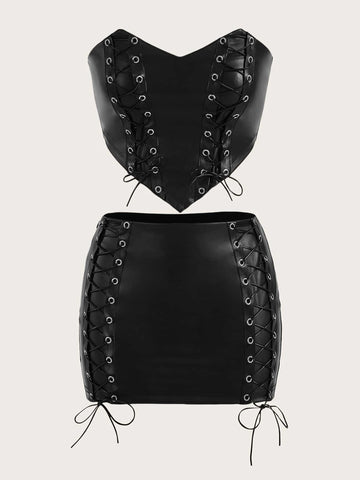 ICON Lace Up PU Leather Tube Top & Bodycon Skirt