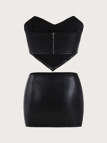ICON Lace Up PU Leather Tube Top & Bodycon Skirt